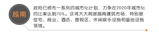 越南政府已颁布一系列的城市化计划，力争在2020年城市化的比率达到70%。这将大大刺激越南建筑市。乇鹗亲≌、商业、酒店、度假区、休闲娱乐设施和基础设施领域。