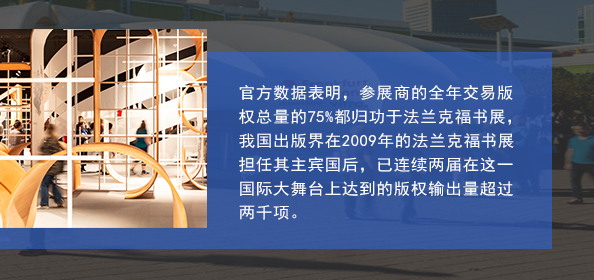 官方数据表明，参展商的全年交易版权总量的75%都归功于法兰克福书展，我国出版界在2009年的法兰克福书展担任其主宾国后，已连续两届在这一国际大舞台上达到的版权输出量超过两千项。