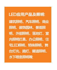 ?	LED应用产品及照明：建筑照明、汽车照明、商业照明、装饰园林，景观照明、外部照明、落地灯、室内照明灯具、办公照明、住宅LED照明、特殊照明、舞台灯光、路灯、隧道照明、水下喷泉照明等；